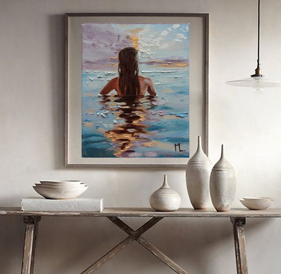 " IN THE WATER " original painting SEA summer GIFT sea swimming