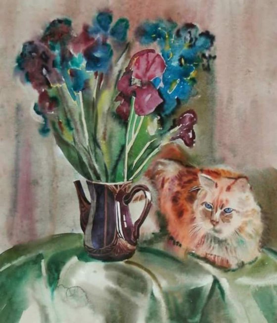 irises and cat, 60x70 cm