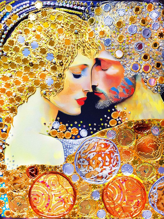 Love original painting. Golden decorative artwork with gold leaf. Gift for woman \ wife