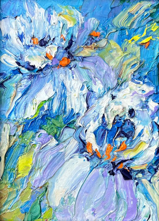 Irises in a blue dress