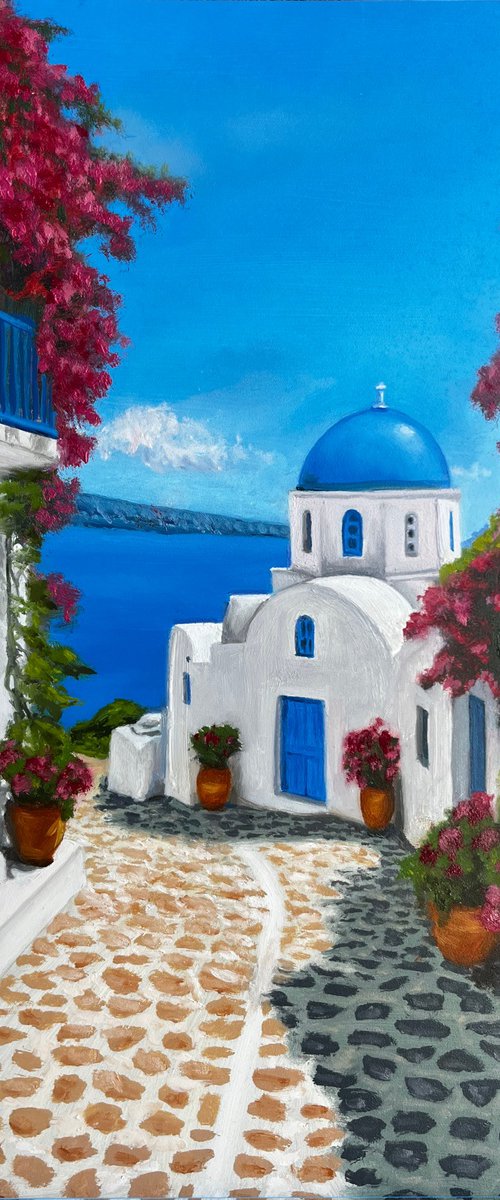 Santorini Light: Domes and Cerulean Blues by Angelo Di Carlo