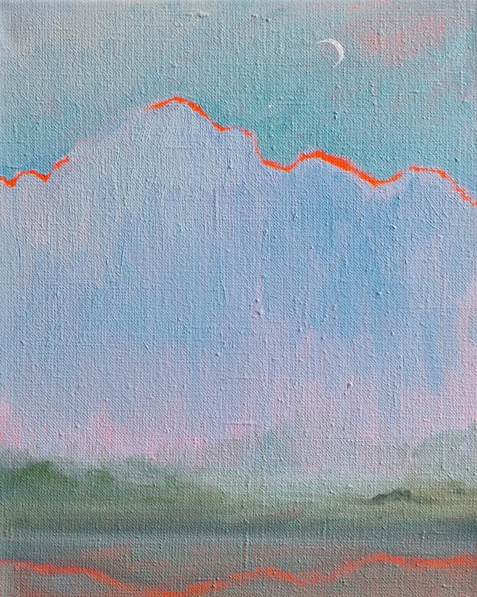 Impressionistic Landscape Oil Painting By Dita Galas, 9 X 12, ?vening Scene With Clouds And Moon, Original Artwork