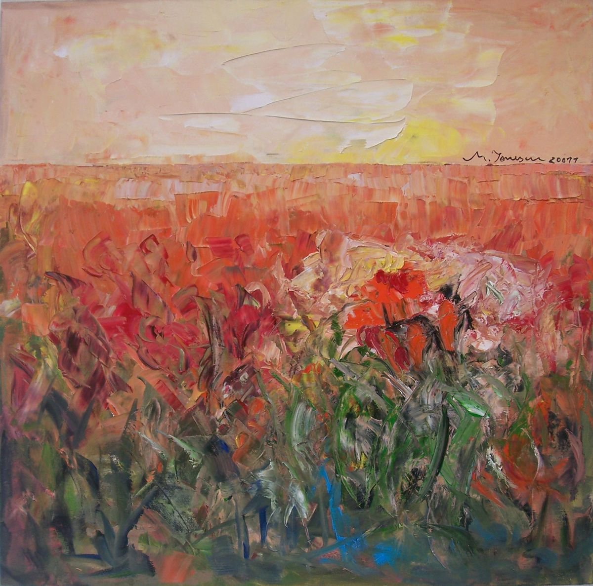 Expressive Botanical Oil Painting By Mihaela Ionescu, 24 X 24", "Red Field", Original Artwork