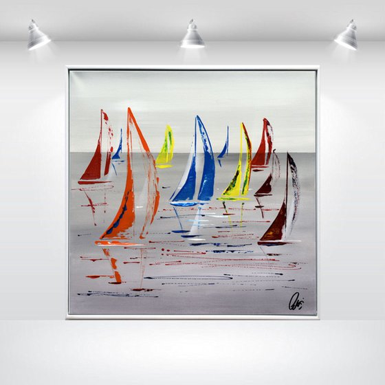 Small Race  acrylic abstract painting sailboat painting framed canvas wall art