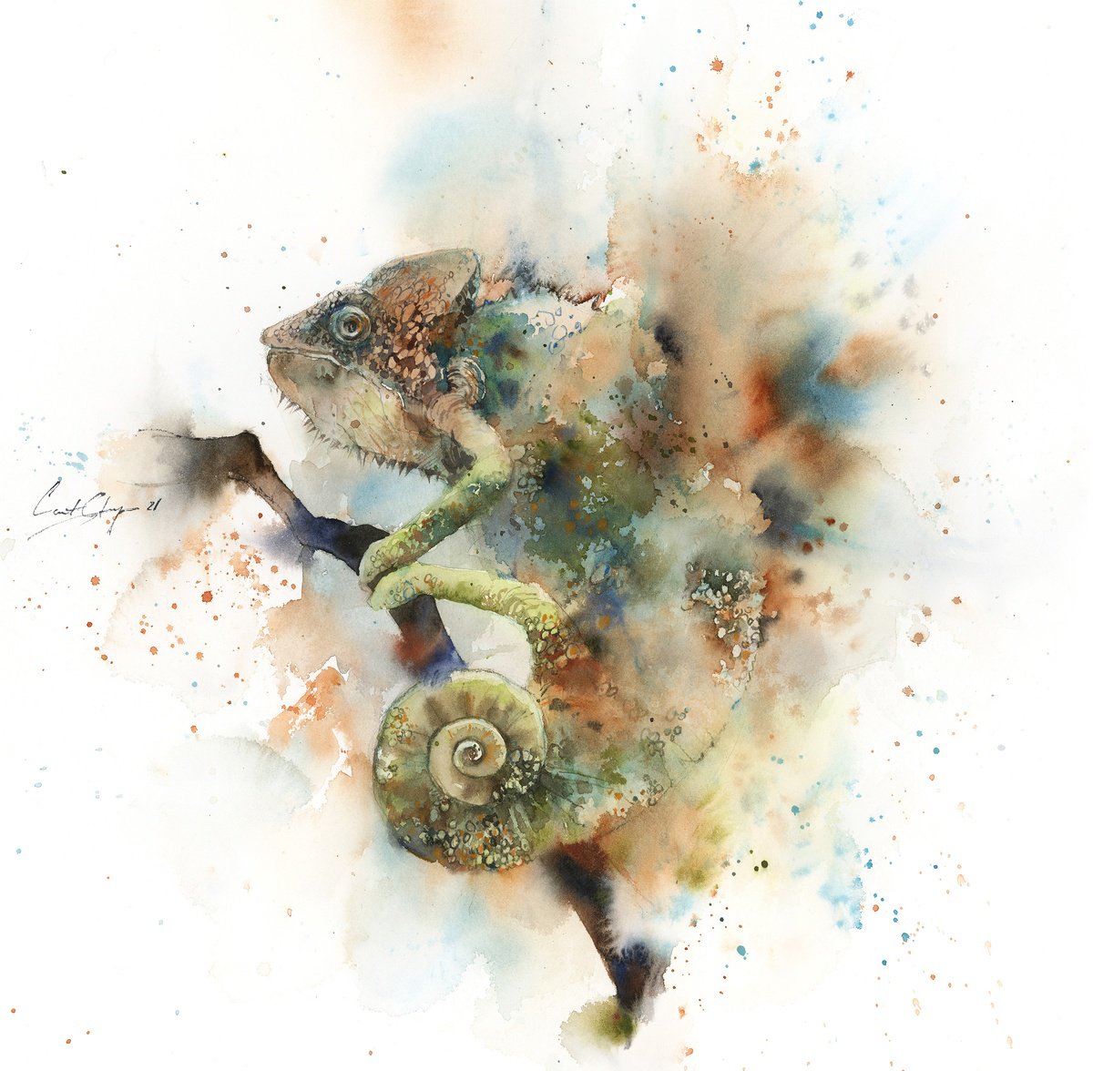 Impressionistic Animal Watercolour By Sophie Rodionov, 19 X 19", Chameleon, Original Artwork