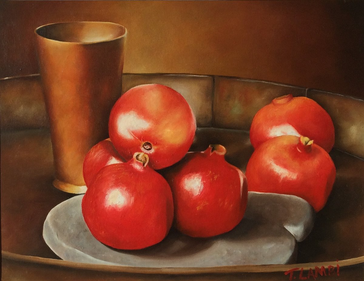 Photorealistic Still Life Oil Painting By Trisha Lambi, 22 X 19", Still Life With Pomegranates, Original Artwork