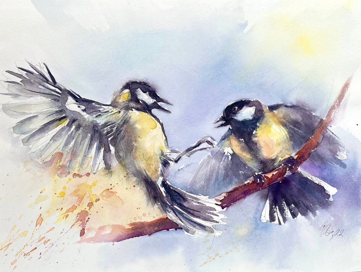 Impressionistic Animal Watercolour By Natalia Galnbek, 13 X 9", Titmouses Talk, Original Artwork