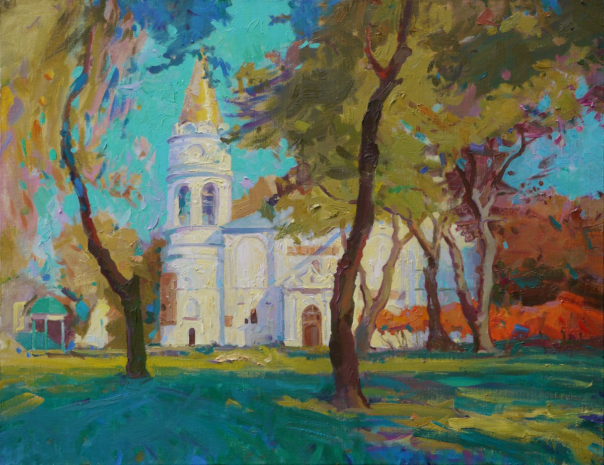 Impressionistic Cityscapes Oil Painting By Victor Onyshchenko, 35 X 28", Ancient Cathedral In Chernihiv, Original Artwork
