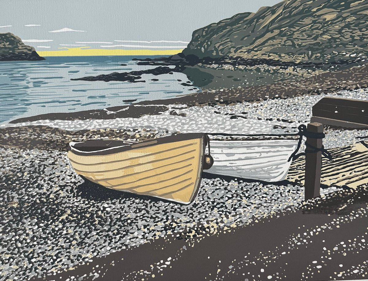 Impressionistic Linocut , Boats In The Bay By Kirstie Dedman, 18 X 14, Artwork For Sale On Artfinder