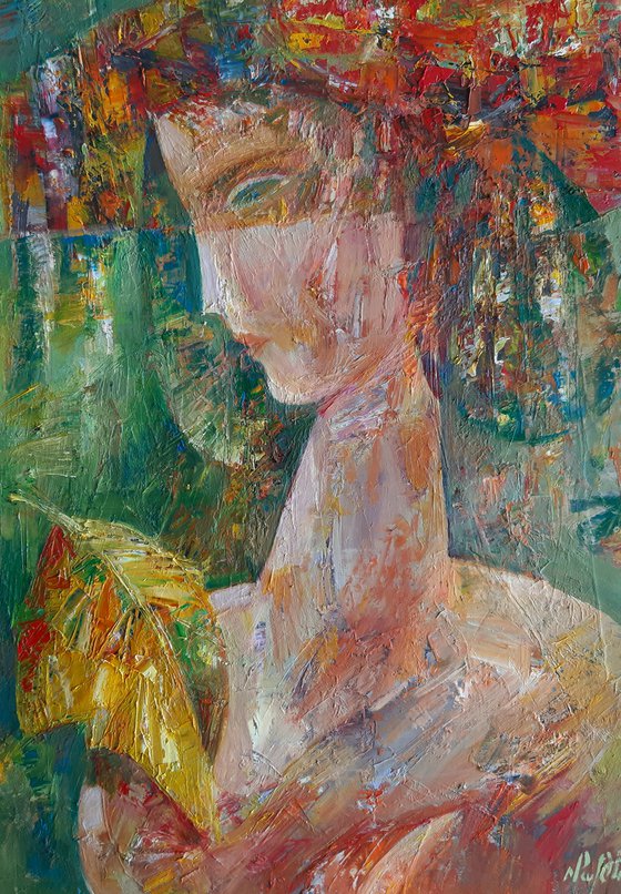 Woman with hat (40x50cm, oil/canvas, abstract portrait)