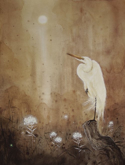 White Egret on the swamp where the rosemary blooms by Olga Beliaeva Watercolour
