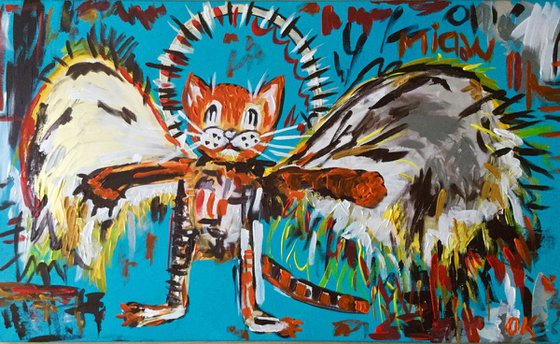 101x61cm Cat La Fallen Angel version of famous painting by Jean-Michel Basquiat