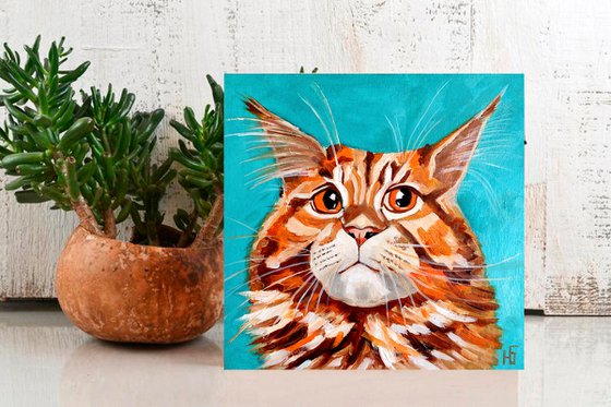 Funny Ginger, Cat Oil Painting Original Art Ginger Maine Coon Pet Portrait