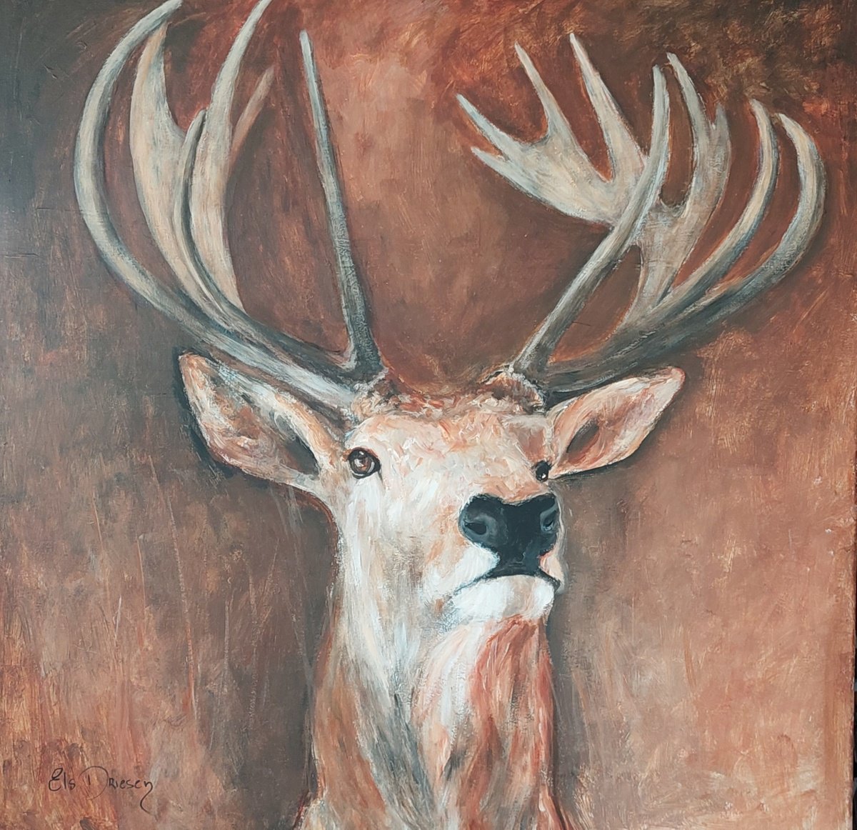 Impressionistic Animal Acrylic Painting By Els Driesen, 39 X 39, Deer Classic, Original Artwork