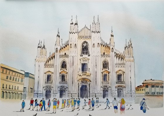 Milan Cathedral (Duomo di Milano). Original Watercolor Painting on Cold Press Paper 300 g/m or 140 lb/m. Cityscape Painting. Wall Art. 11" x 15". 27.9 x 38.1 cm. Unframed and unmatted.