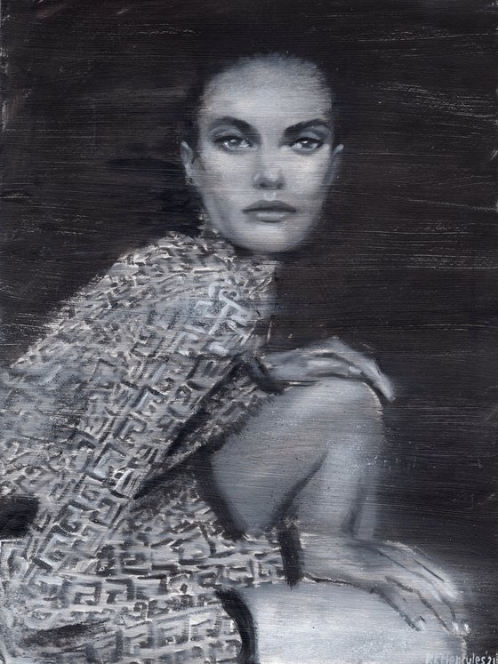 Barbara | Black and white oil painting on paper | fashion muse model woman lady wearing Fendi