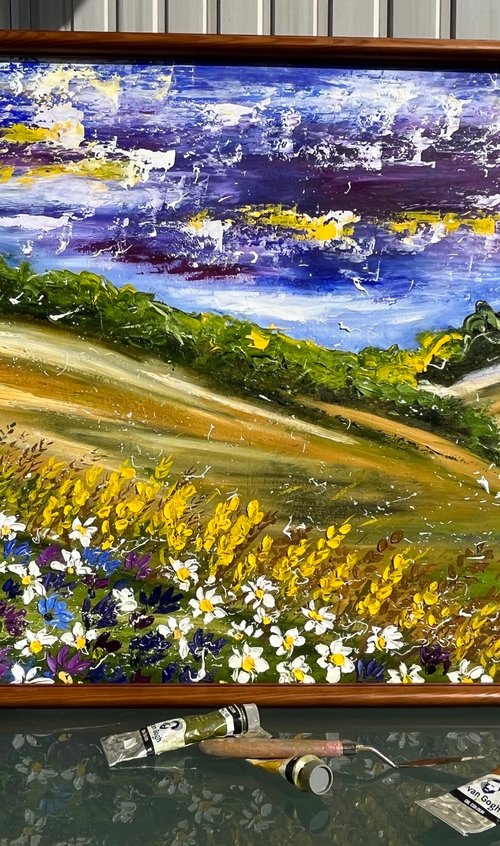 Ukraine Painting Impasto Original Art Wheat Field Artwork Daisy Oil Cornflowers Impasto Wall Art 32 by 21 by Halyna KIrichenko by Halyna Kirichenko