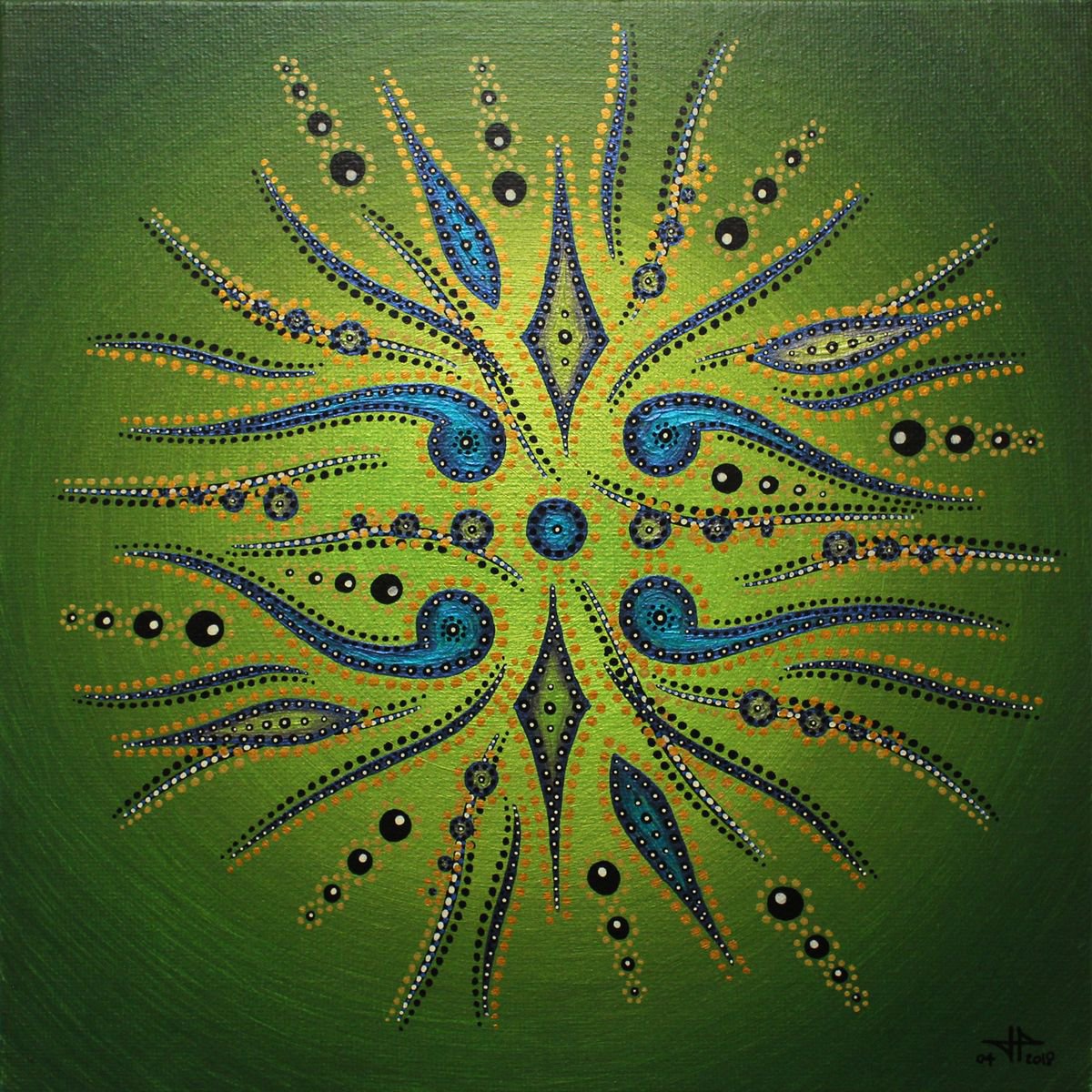 Geometric Abstract Acrylic Painting By Jonathan Pradillon, 10 X 10, Movement Of Green Shapes, Original Artwork