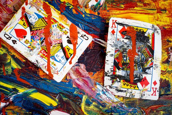 Original Colorful Abstract Painting with Playing Cards.