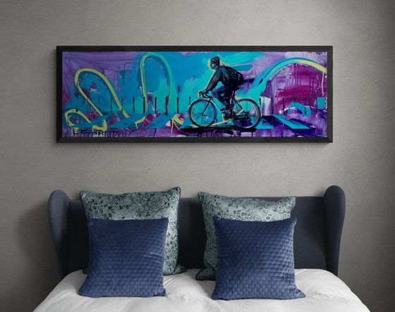 Purple horizontal painting - "Summer breeze" - Urban Art - Pop Art - Bicycle - Street Art