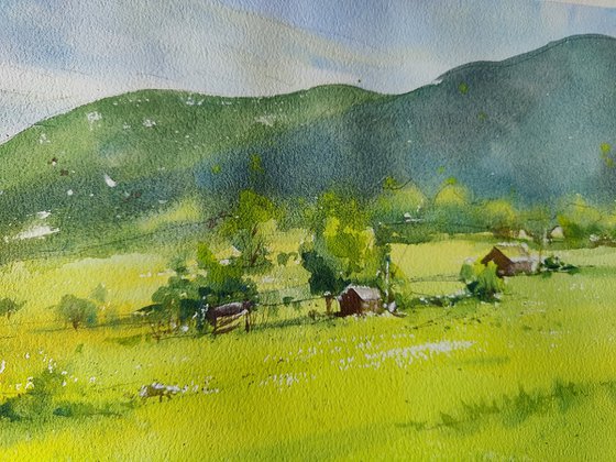 Green European landscape, Slovenia Kranjska gora Original watercolor painting (2023)