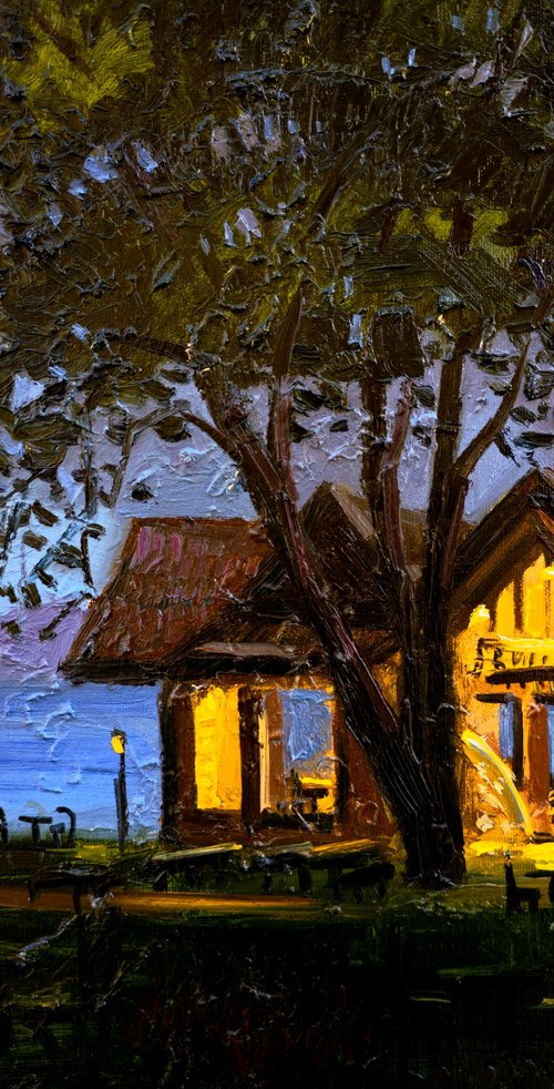 Nightfall at the lakeside lodge by Joan Mato