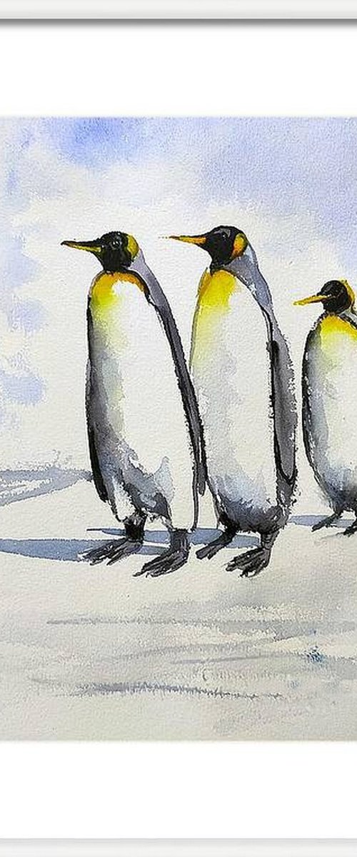 Three penguins on a morning walk by Asha Shenoy