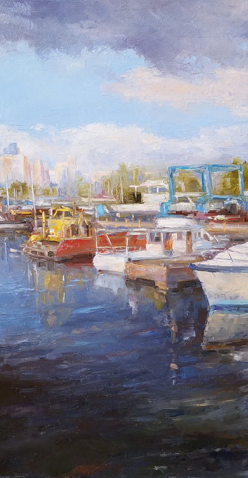 Toronto Island boats, original, one of a kind, oil on canvas impressionistic landscape (24x30x0.7'') by Alexander Koltakov