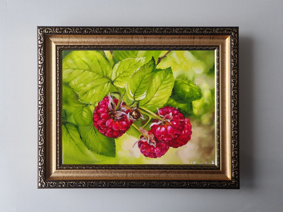 Photorealistic Botanical Oil Painting By Natalia Shaykina, 12 X 9", Ripe Raspberries, Original Artwork