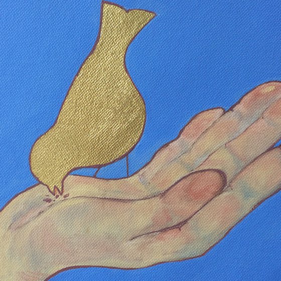 Original round painting - Hand and bird - Oil and golden leaf art for living room (2021)