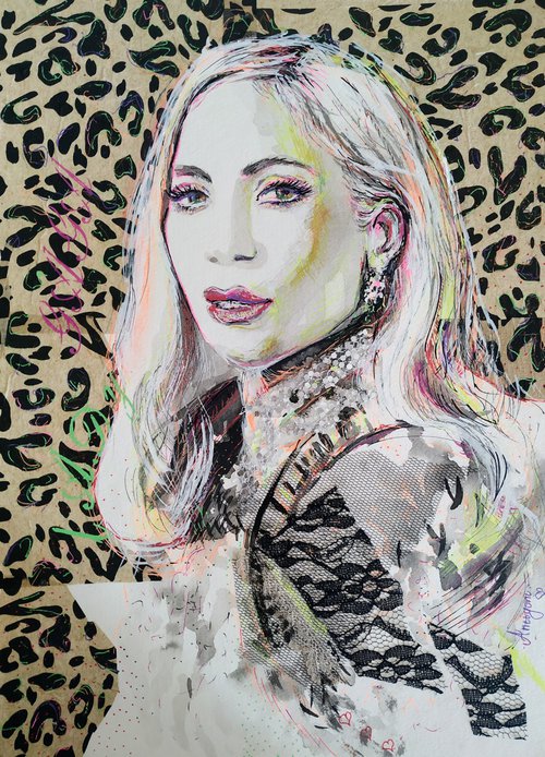 Lady Gaga- Portrait mixed media drawing on paper by Antigoni Tziora