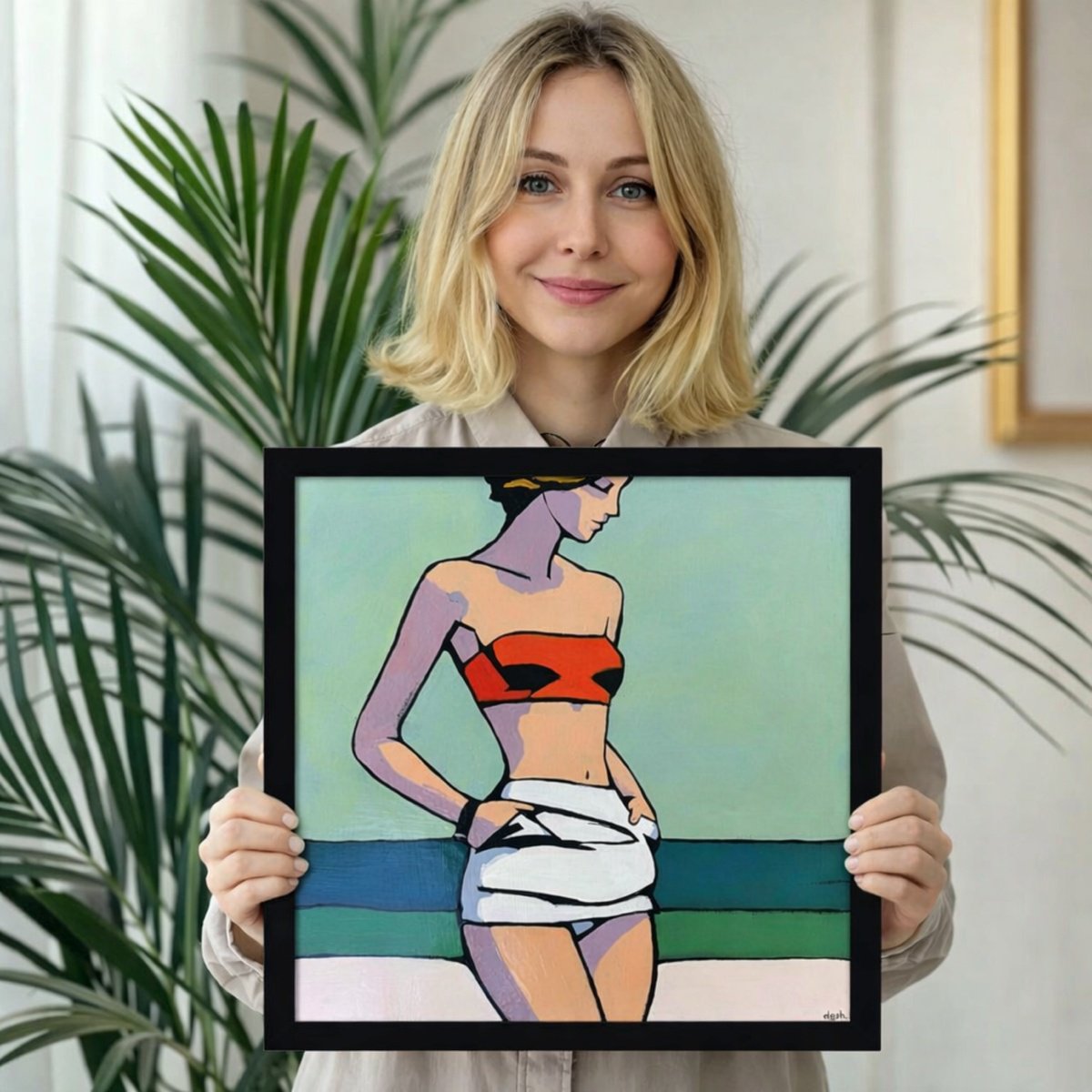 Naive Acrylic Painting , Woman By The Sea Art 16X16In By Daria Baklykova, 16 X 16, Artwork For Sale On Artfinder