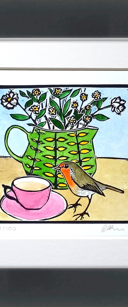 Mr Robin comes to tea linocut by Carolynne Coulson