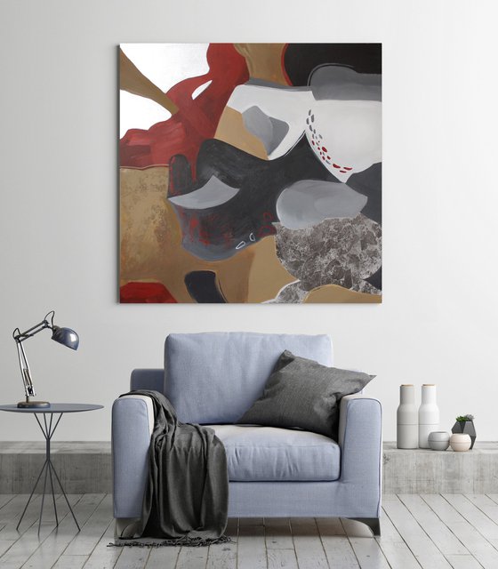 "Streams 2" Brown red silver abstract art