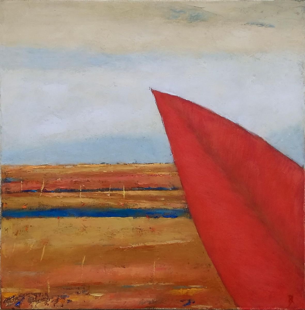 Abstract Landscape Oil Painting By Kestutis Jauniskis, 12 X 12", Landscape With A Red Leaf, Original Artwork
