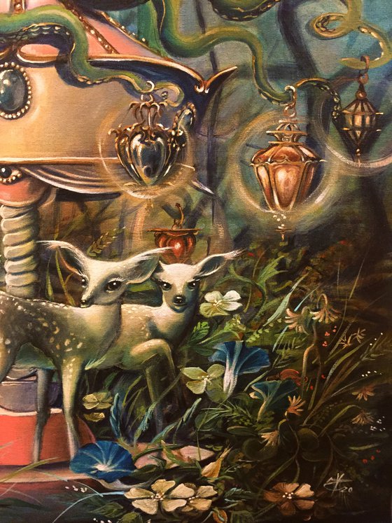 The garden of the fawn fairies - original acrylic on canvas 24' x 24' inches / 60 x 60 cm