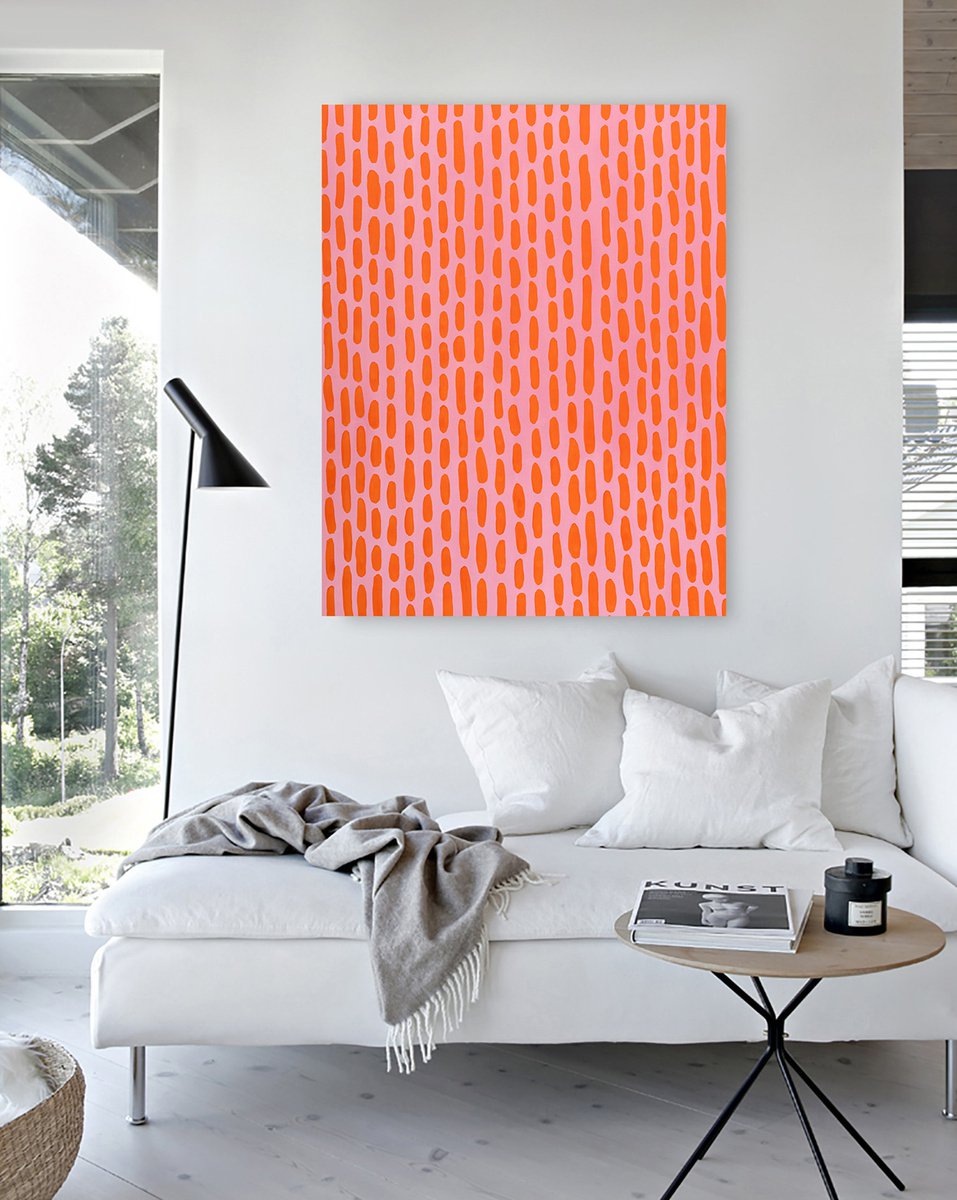Geometric Abstract Oil Painting By Nataliia Sydorova, 37 X 47", Orange Pink, Original Artwork