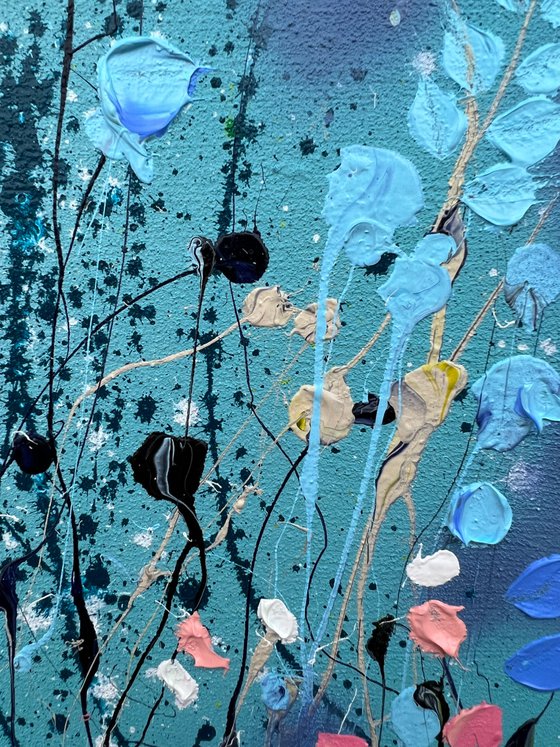 Square acrylic structure painting with flowers "Blue Field", mixed media