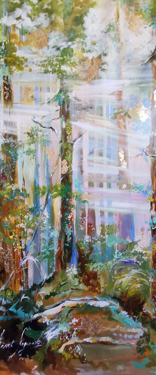 Forest oil painting, Emerald forest. Fairy forest Large Art by Annet Loginova