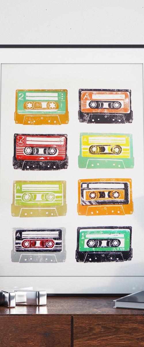 Linocut tapes #4 (cassette tapes, retro music, 70's, 80's rock culture) by Carolynne Coulson