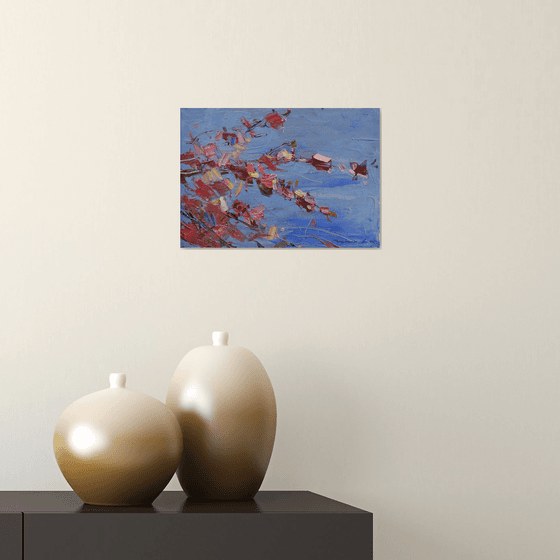 Ukrainian Sakura Flowering branch on dark blue. Original oil painting
