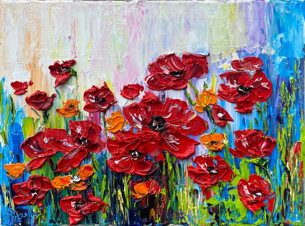 Impressionistic Botanical Oil Painting By Oksana Fedorova, 16 X 12", Red Flowers, Original Artwork
