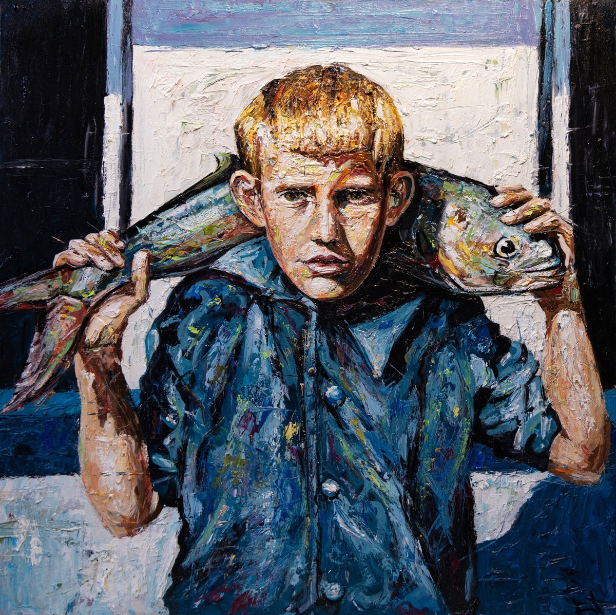 Expressive Portrait Oil Painting By Lionel Le Jeune, 16 X 16", Boy With A Bluefish, Original Artwork