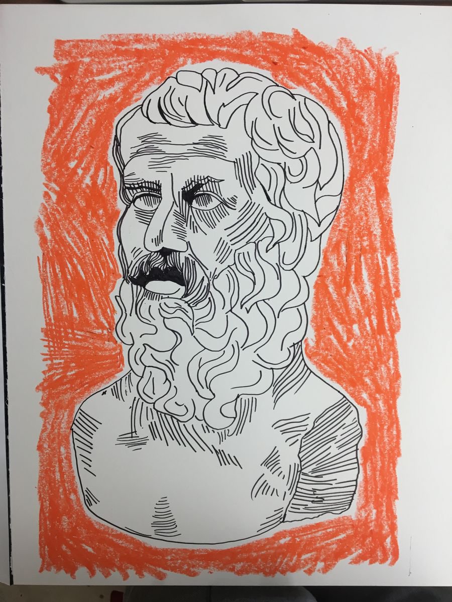 Zeus Boss of The Gods, Grecian Bust - Ink and Oil Pastel Mixed Media Original Signed Drawi... by David Horgan