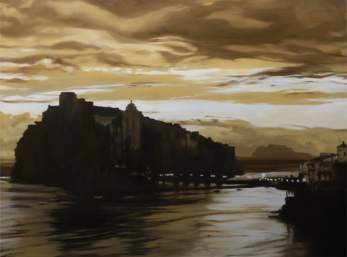 Impressionistic Landscape Oil Painting By Steven M. Curtis, 48 X 36", City Seascape, Original Artwork