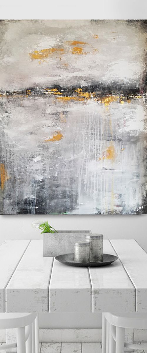 'PATHS AND TRACKS' #3 – abstract landscape in grey, gold and earth shades by Stefanie Rogge