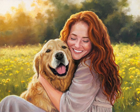 Smiling red-haired woman hugging a dog