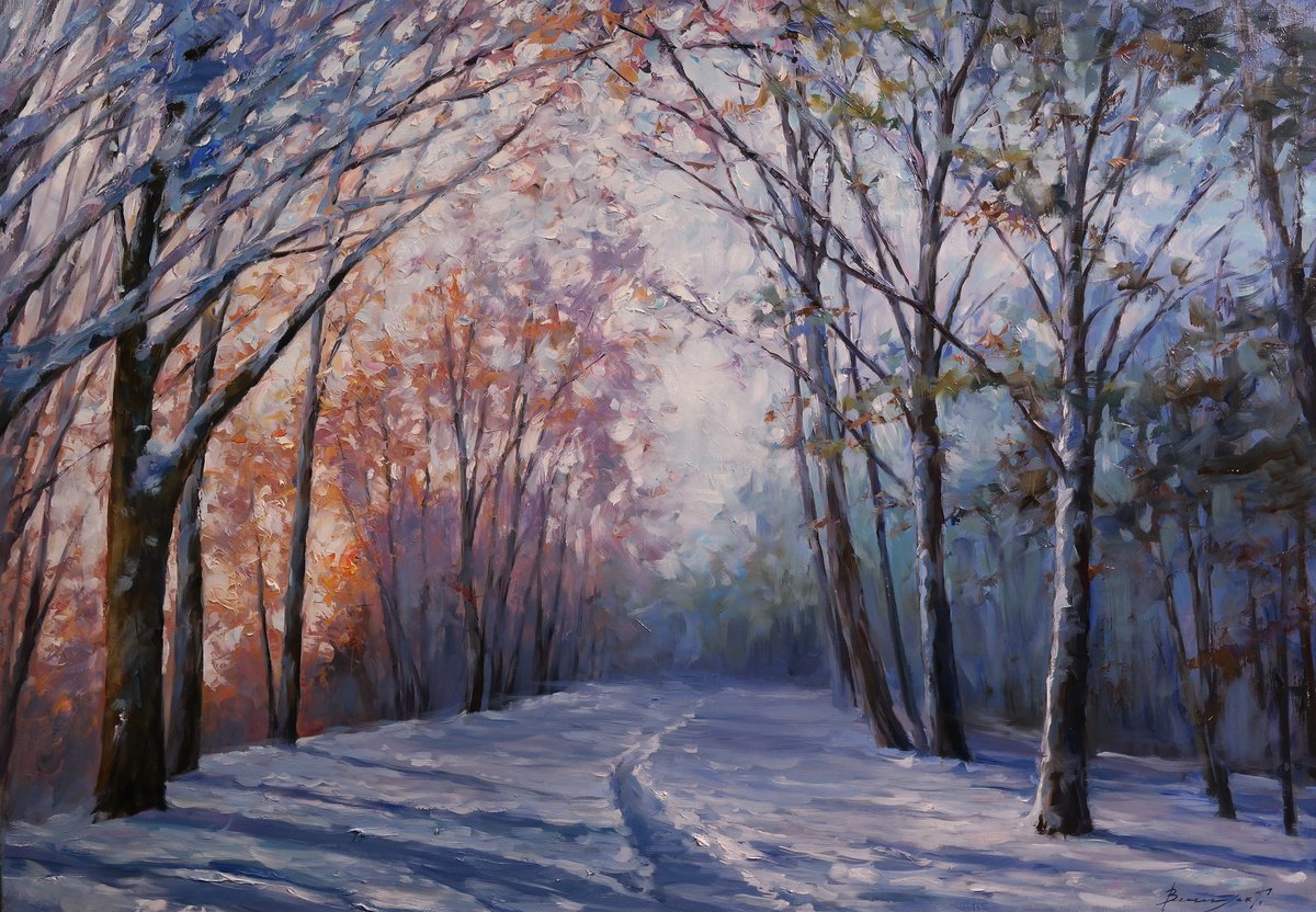 Dawn In The Winter Forest By Gennady Vylusk, 39 X 28, Artwork For Sale On Artfinder