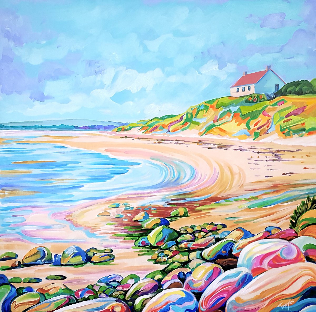 Abstract Landscape Acrylic Painting By Trayko Popov, 39 X 39", Long Sands Beach, Original Artwork