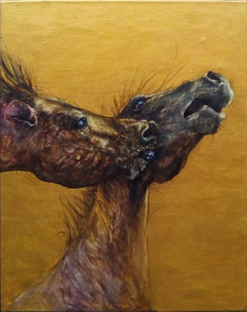 Painting from the series called HUMALS - horsefighting - varnished by Monika Wawrzyniak